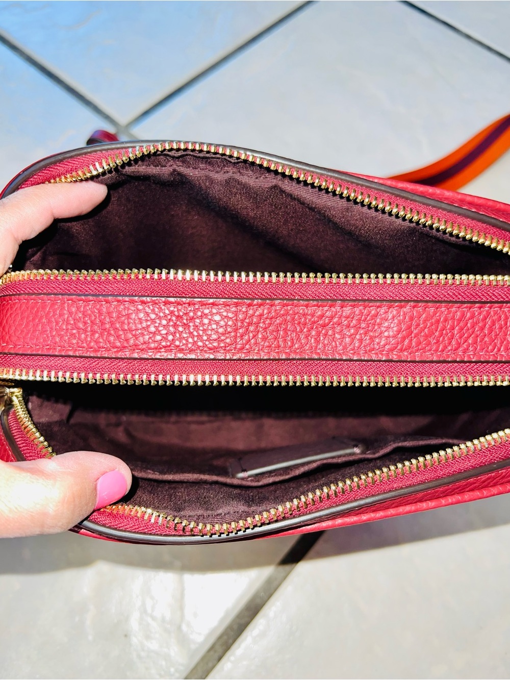Coach Pebbled Leather Crossbody Bag in dark red with Striped crossbody Strap - Picture 8 of 10